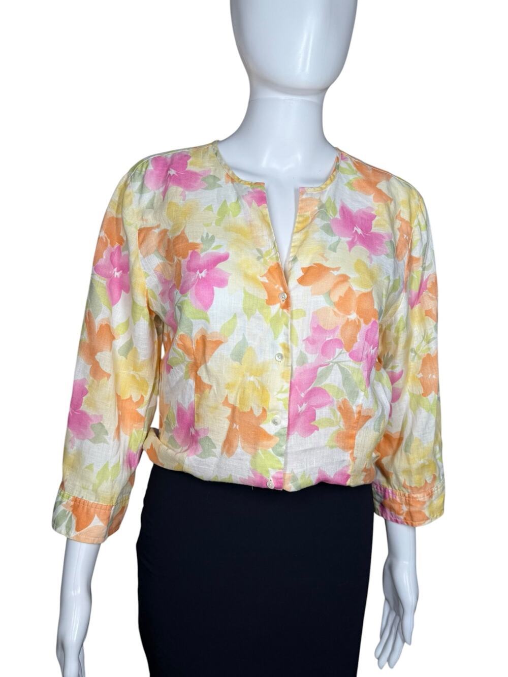 Talbots 100% Linen Floral Pastel Semi Sheer Button Front Blouse Size 10